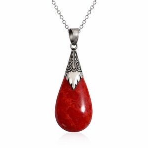 RED, POSSIBLY SPONGE CORAL TEARDROP PENDANT AND 18” STAINLESS STEEL CHAIN